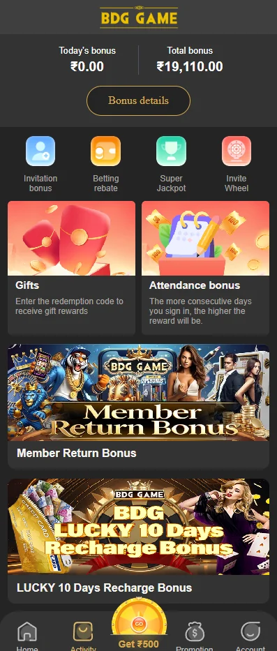 BDG Game activity home showing bonus and promotional cards