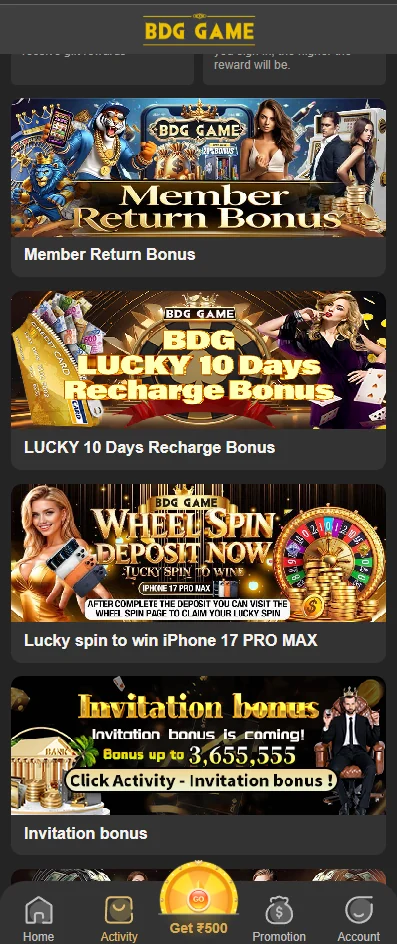 BDG Game promotions and event list
