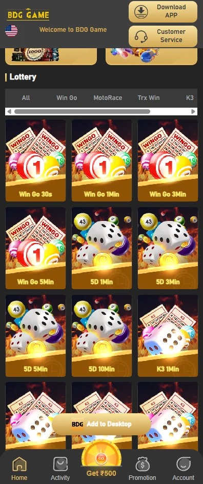 BDG Game game library with lottery and other category tiles